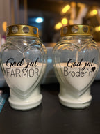 Gravlys i glass med personlig tekst